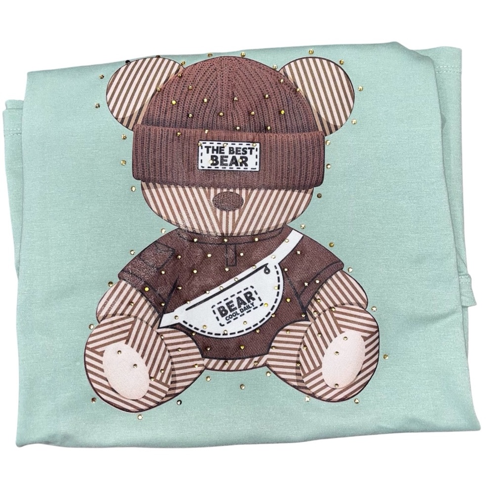 Cute Bear Graphic T-Shirt in Mint and Brown